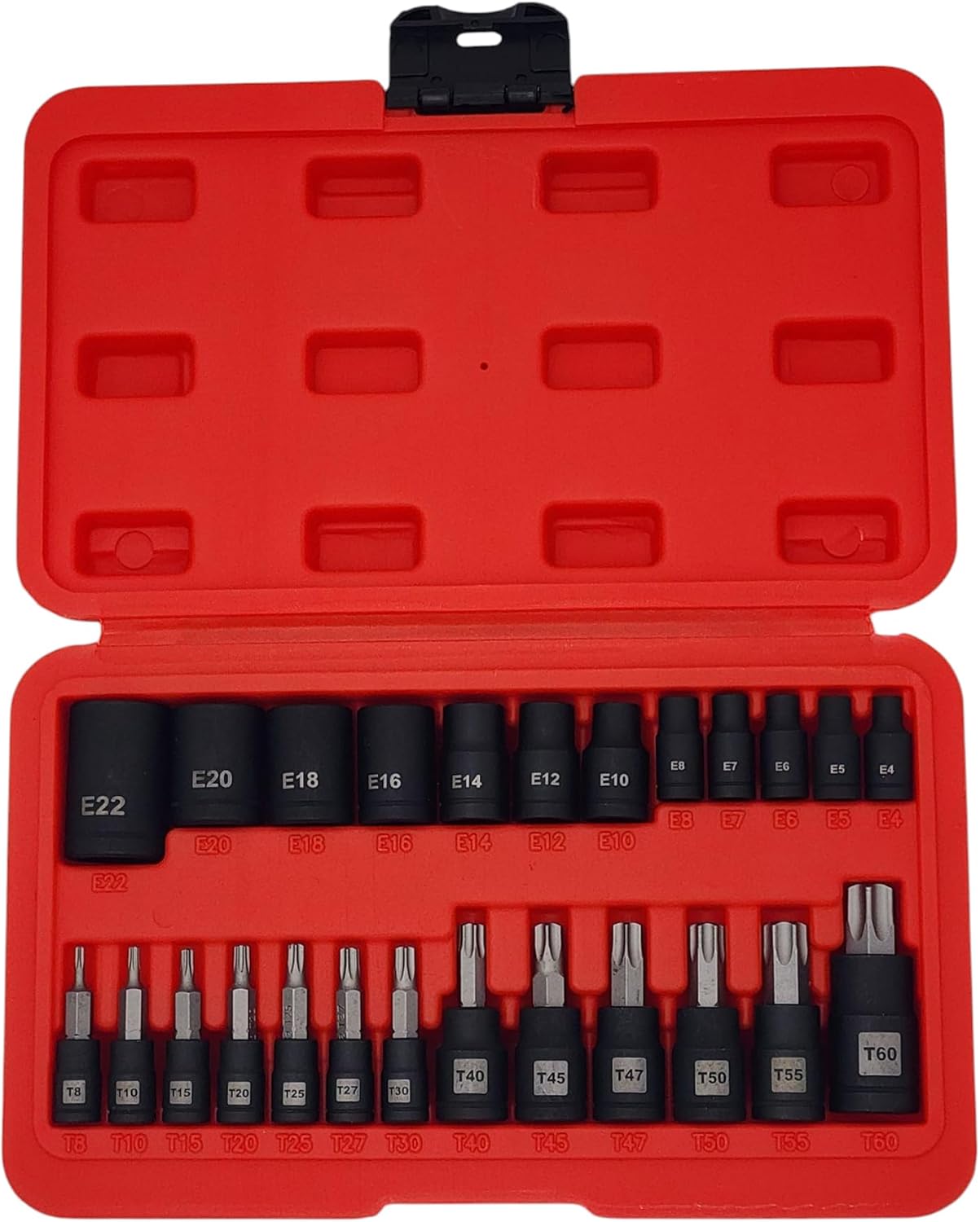 VCT 25PC Impact Torx Bit Socket and Female External Socket Set, 13 Star bit T8-T60 and E-Torx bit E4-E22 Automotive and Motorcycle Professional Grade Mehcanic Set