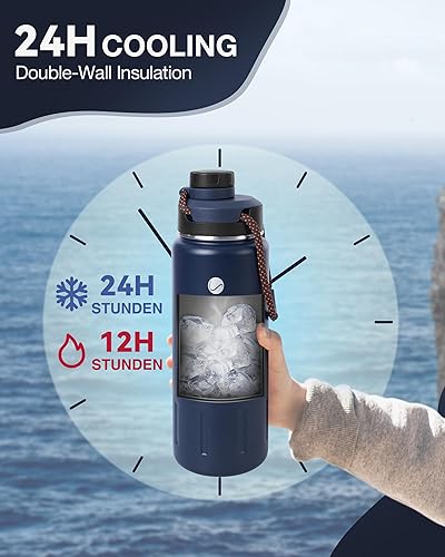 Miniatura 4 de Santeco - Botellas de agua aisladas de 24 onzas, botella de acero inoxidable con cordón y tapa de boca ancha, a prueba de fugas, botella de agua de
