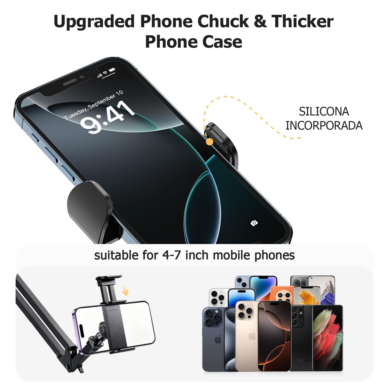 Support Telephone Lit, Support de Téléphone Portable avec Bras Articulé et Clip de Câble Porte de Téléphone Portable Flexible Bureau Bras Articulé Flexible pour Smartphone de 4 à 7 Pouce