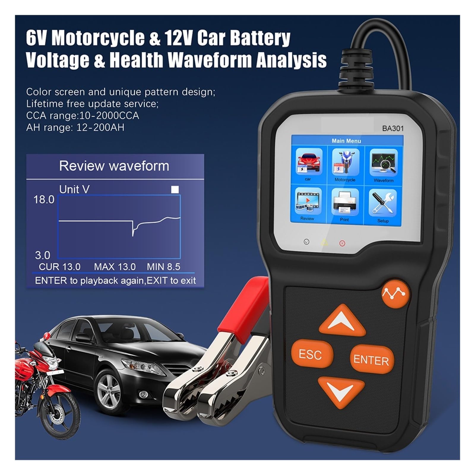 Tester per batteria auto, BA301 Tester for batterie for auto Prova di avviamento for moto 2000 CCA Analizzatore caricabatterie for for barche Strumenti for autoveicoli