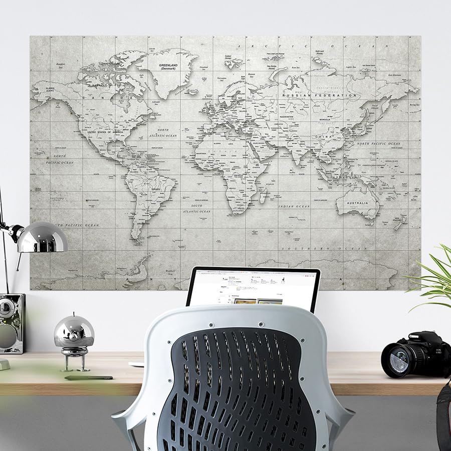 Dünya Haritası Eğitici Öğretici Duvar Sticker, Ofis Dünya Haritası, Gri Renkli Dünya Haritası (100x150 Cm.)