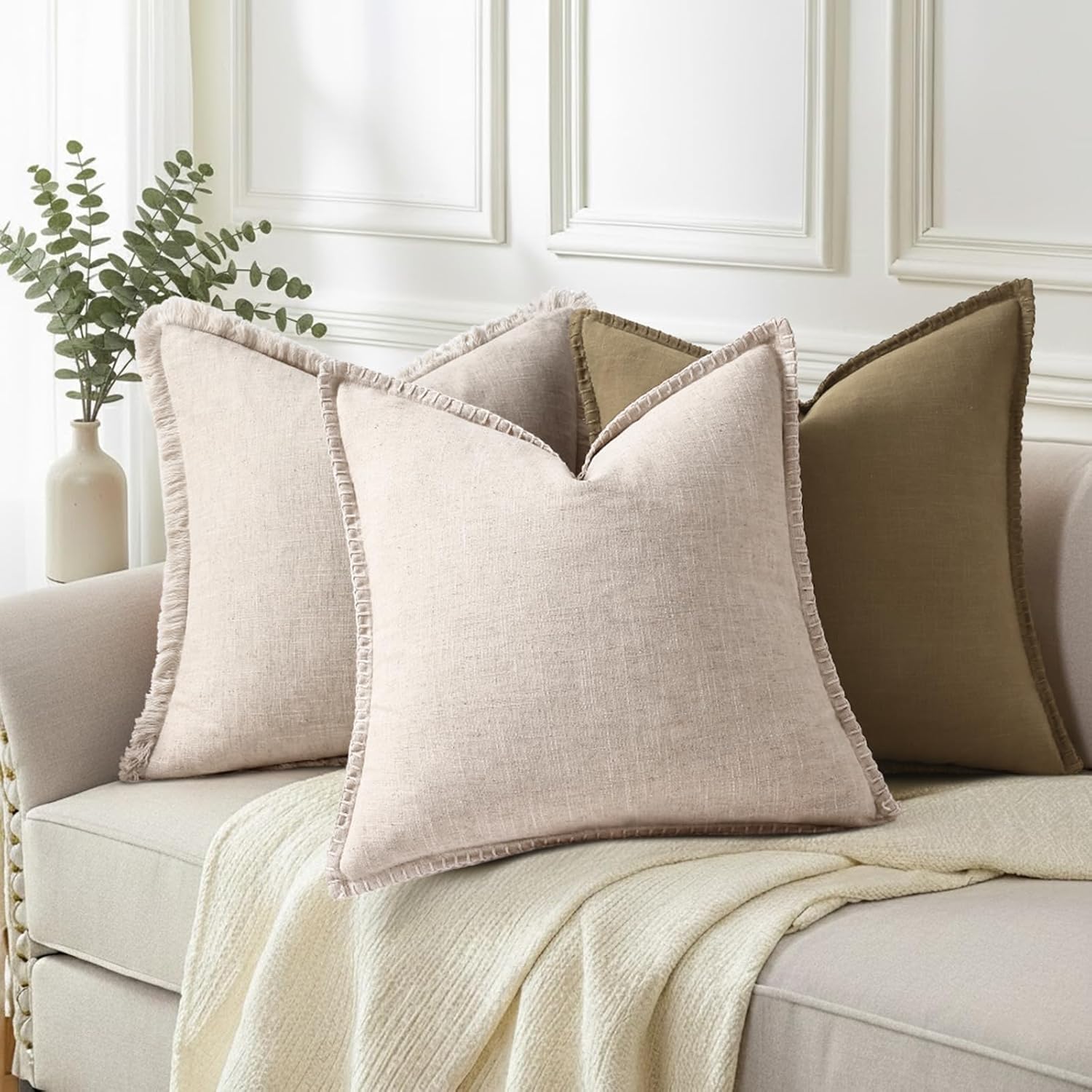 decorUhome Decorative Linen Farmhouse Throw Pillow Covers 18x18 Set of 2, Neutral Modern Pillow Covers with Stitched Edge for Couch Sofa Chair Bedroom Living Room, Ecru