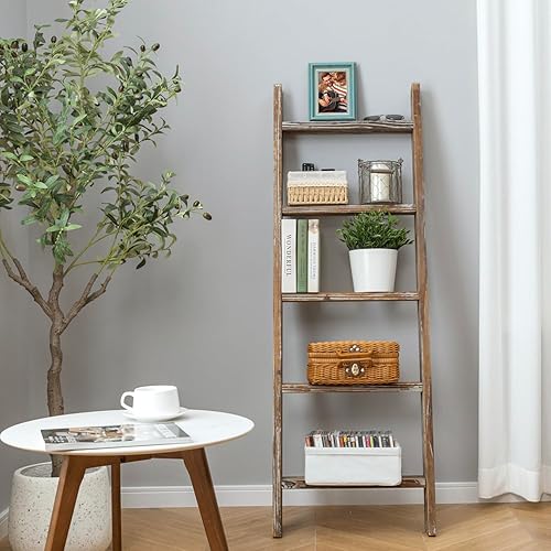 Miniatura 9 de MyGift Escalera grande de madera encalada para manta, estilo granja, toallero inclinado de pared con 5 peldaños (blanco vintage)