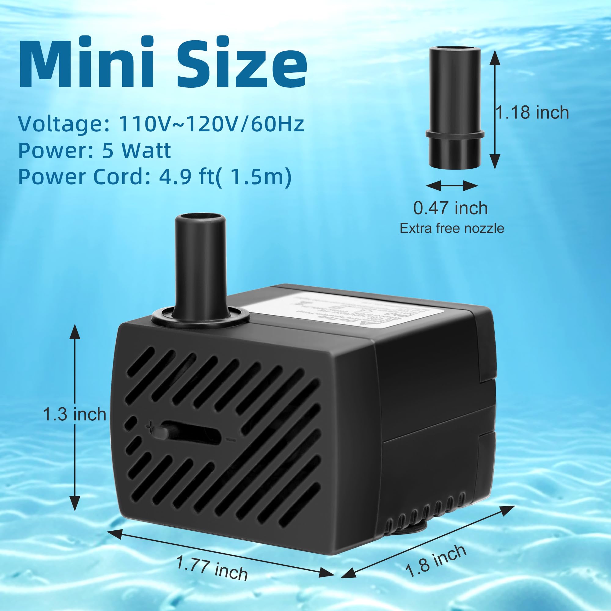 DaToo Submersible Water Pump 5W 95GPH Mini Fountain Water Pump Aquarium Pump For Hydroponic Systems Fish Tank Pond Water Gardens Fountain Statuary