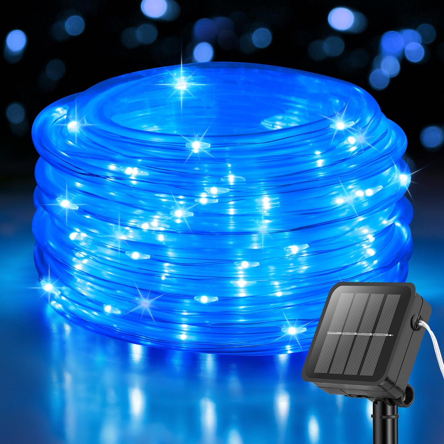 Photo 1 of ANJAYLIA 33FT 100 LED Solar Rope Lights Outdoor Waterproof, Solar Powered Rope String Lights with 8 Modes for Outdoor, Patio, Garden, Camping, Holiday & Christmas Décor Blue