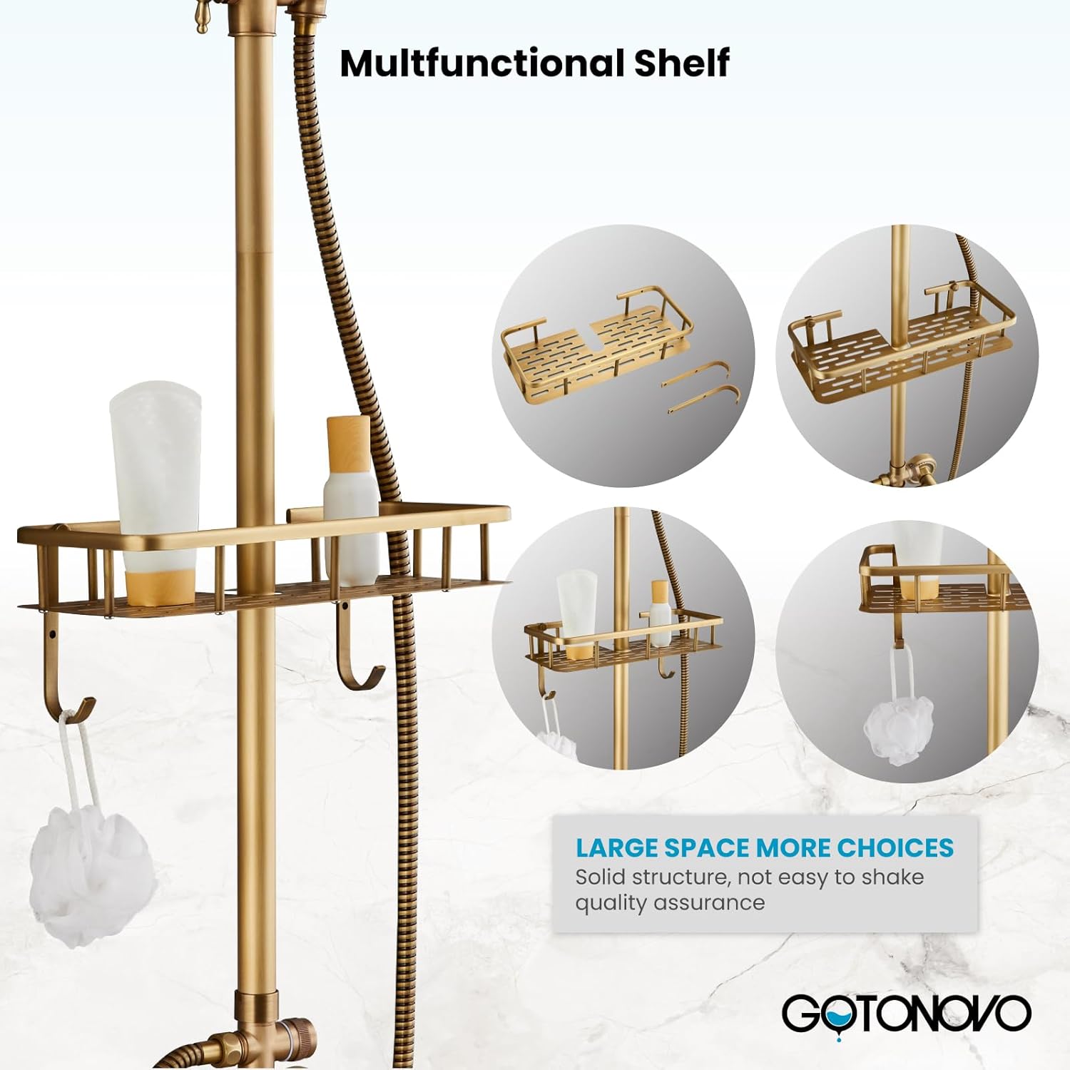 gotonovo Exposed Bathroom Tub Shower Faucet Set with Shower Shelf 8 inch Rainfall Shower Head with Handheld Spray with Tub Spout Shower System 3 Function Wall Mounted Antique Brass Double Lever Handle
