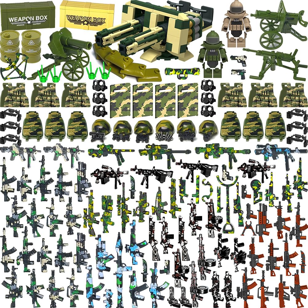390 Pezzi Set Armi Militari Giocattoli Mattoncini Equipaggiamento Soldato, Elmetto Mimetizzato, Gilet Tattico, Scudi, Mitragliatrice Gatling, Compatibile con le Principali Minifigure