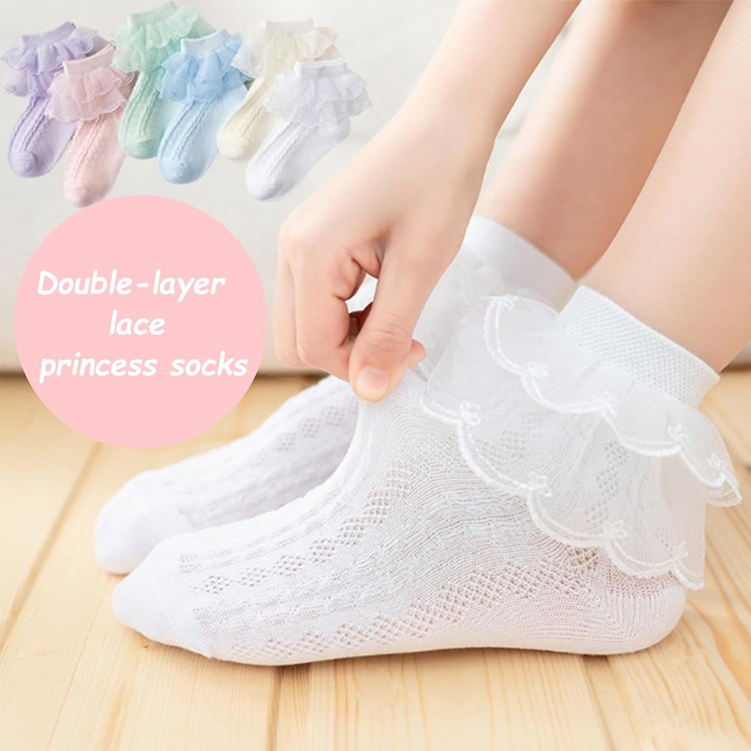 Toddler Girls Socks with Ruffle Solid Dress Socks White Purple Pink Green Blue Yellow 5 Pairs 1-12 Years