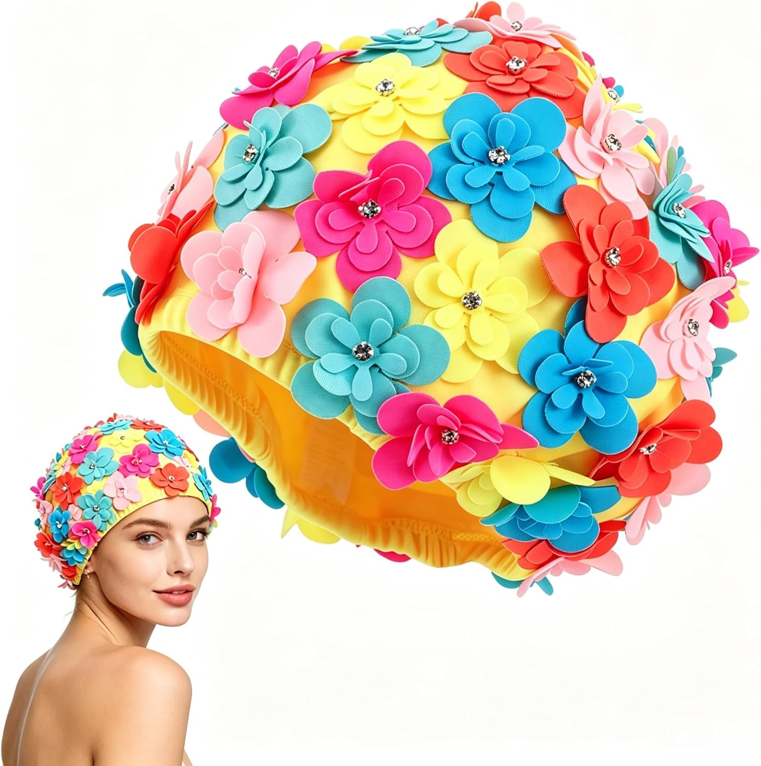 Retro Floral Petal Swim Cap for Woman Lightweight Long Hair Braid Chinlon Waterproof Bathing Hat Fabric Swimming Pool Bonnet Cute Summer Water Outdoor Accessory Vintage inches