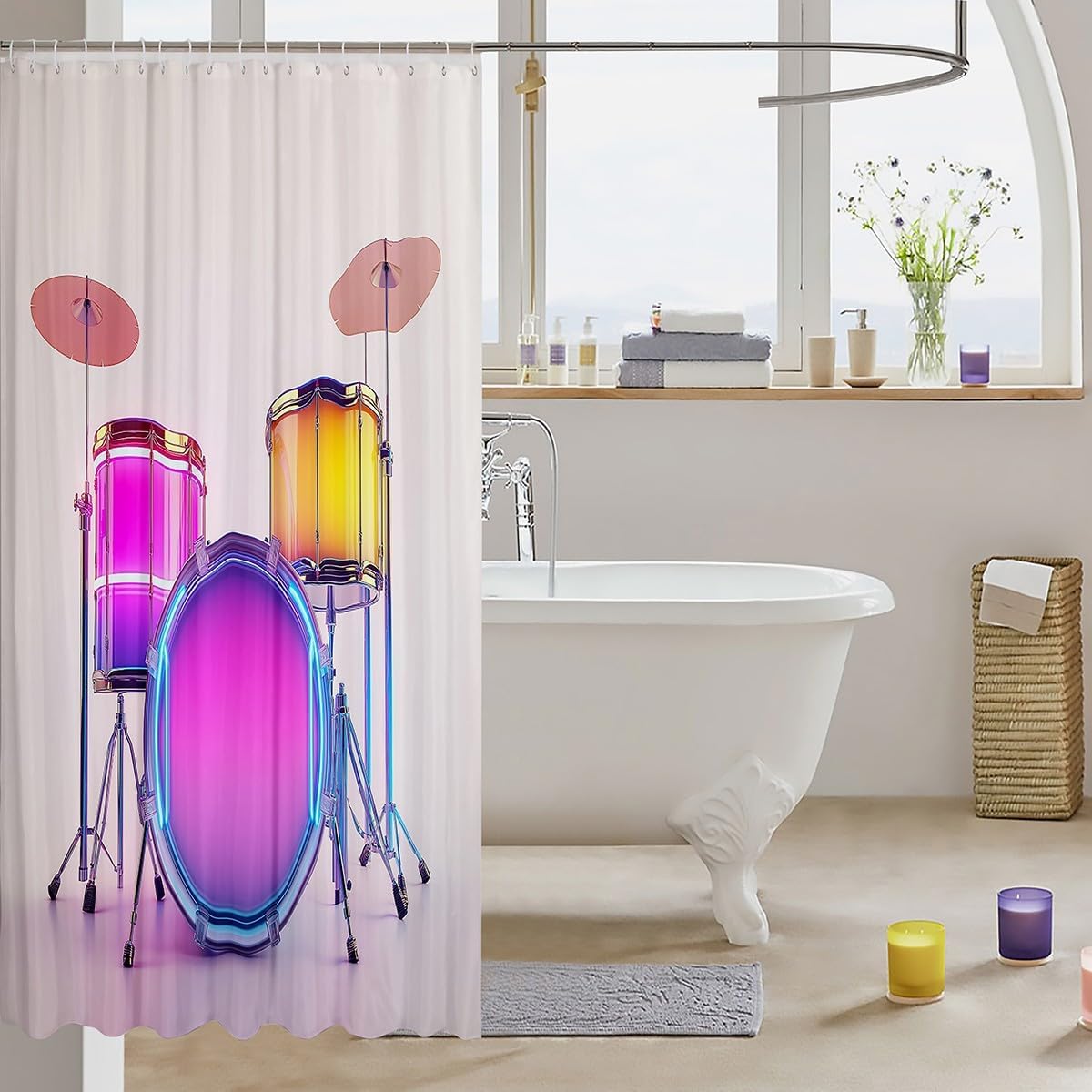 Erosebridal Drum Kit Shower Curtain 72" W X 72" L Modern Music Themed Bath Curtain Colorful Neon Bathroom Accessories Pop Music Fabric Shower Curtains for Girls Teens Kids Adults image 3