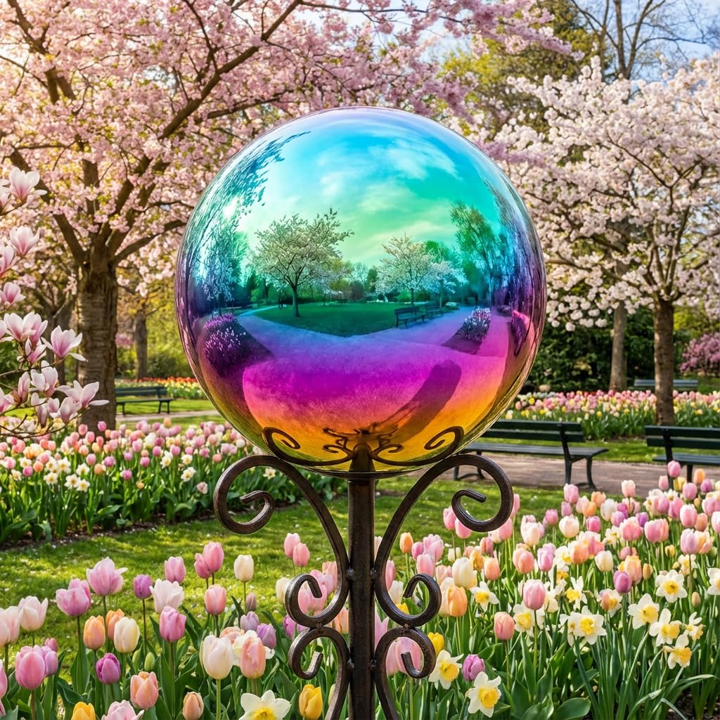 30 cm große Gartenkugel, Regenbogen-Edelstahl, poliert, reflektierend, glatt, hohl, Kugelkugel, langlebig, bunt und glänzend, Dekoration für Garten, Terrasse, Hof, Zuhause