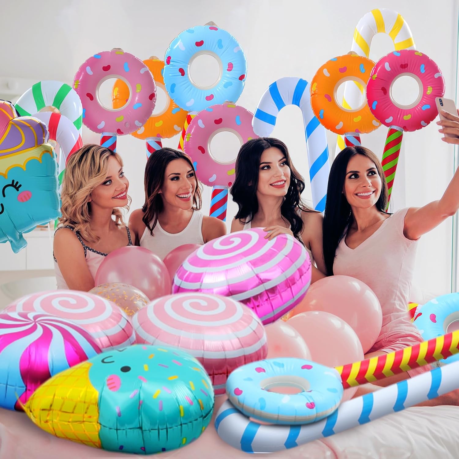 Soulchen 30 Pcs Candy Party Decorations, Large Candy Balloons Set - 8 Inflatable Lollipop, 8 Cane Balloon, 4 Ice Cream, 10 Foil Candies Balloons for Sweets Birthday Party(30 Pcs,Cute)