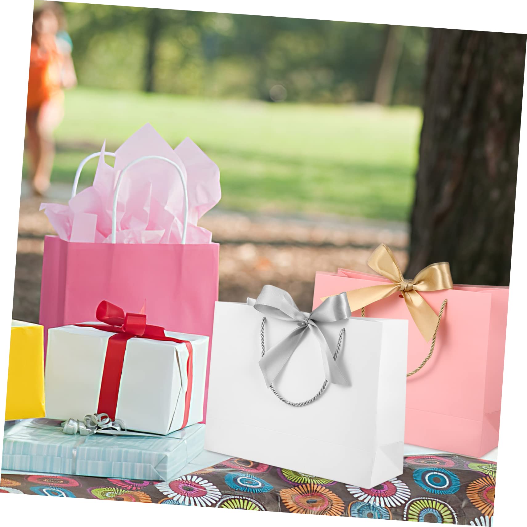 KOCKSHION 10piezas Bolsas De De Papel Con Asas y Lazos De white Con Lazos Plateados Para Bodas Cumpleaños y Celebraciones