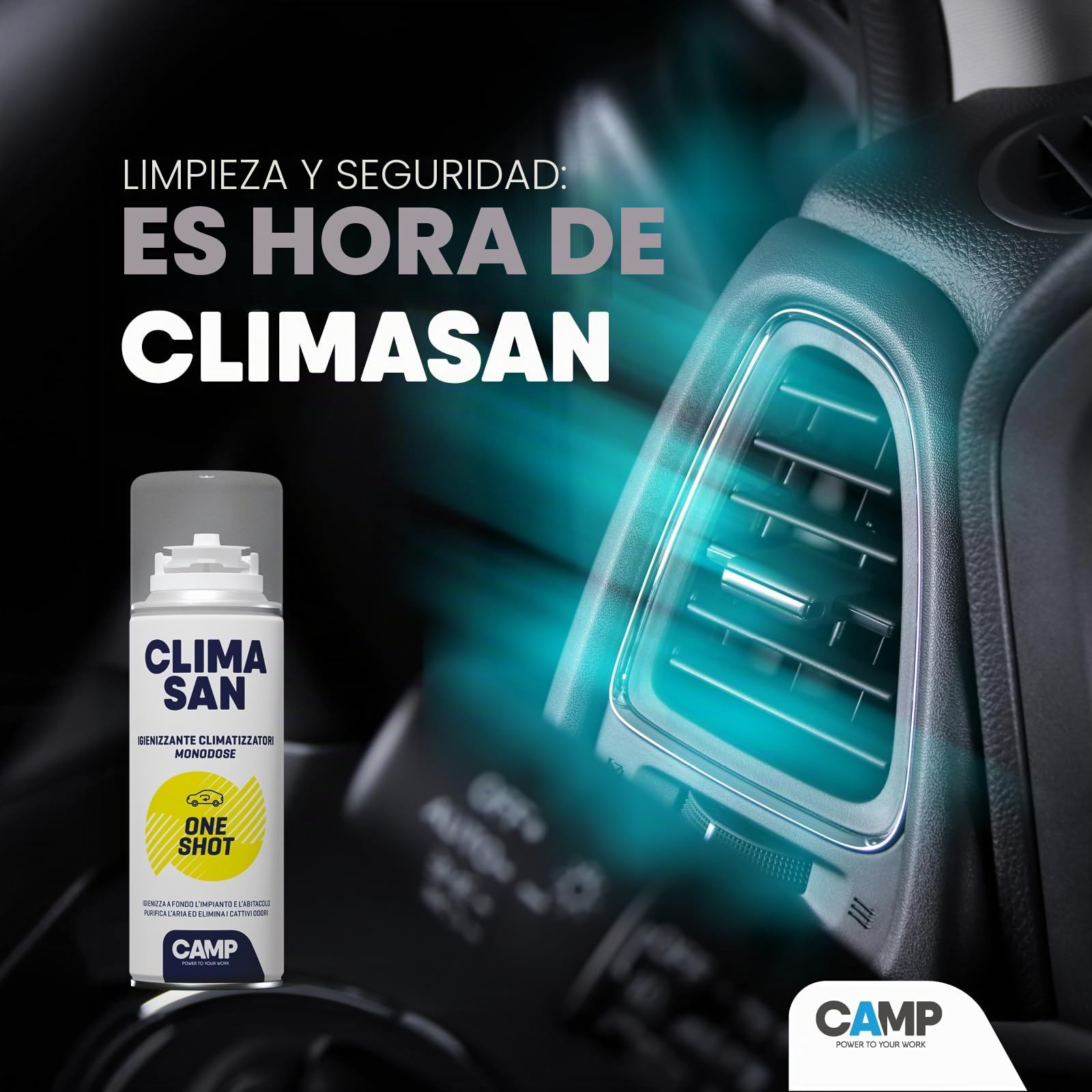 CAMP Climasan One Shot - Spray Limpiador Aire Acondicionado e Interior Coche, Limpieza Aire Acondicionado con Acción Purificadora–Ideal para Remover Gérmenes y Bacterias–Made in Italy, 200 ml