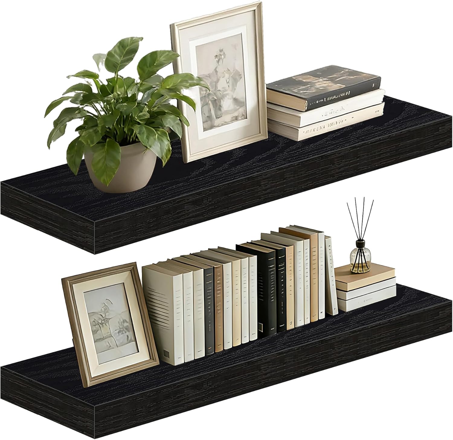 Heavy Duty Solid Wood Core Floating Shelves, 35.8"L x 9.25"D Wall Mounted Shelves with Invisible Brackets, 50lbs Capacity for Living Room Bedroom Bathroom Kitchen Over Toilet, Black Set of 2