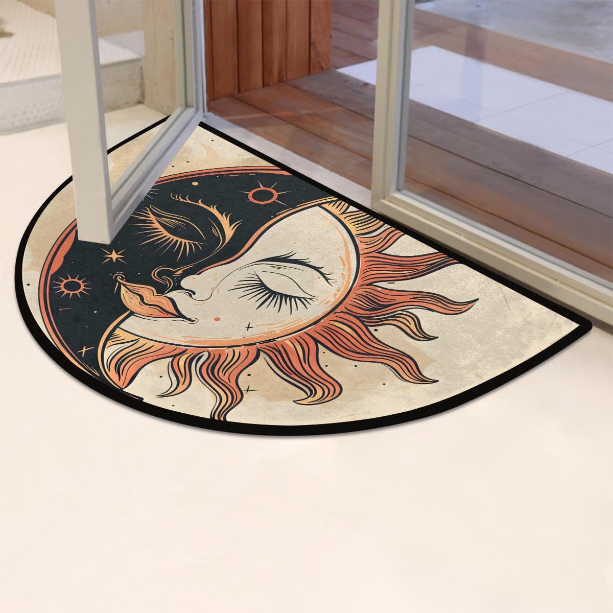 Half Round Door Mat Abstract Moon Sun Half Moon Rug Washable Half Circle Area Rugs Indoor Entrance Non Slip Semi Circle Bathroom Rugs Floor Carpet for Kithen Bedroom Fireplace Decor