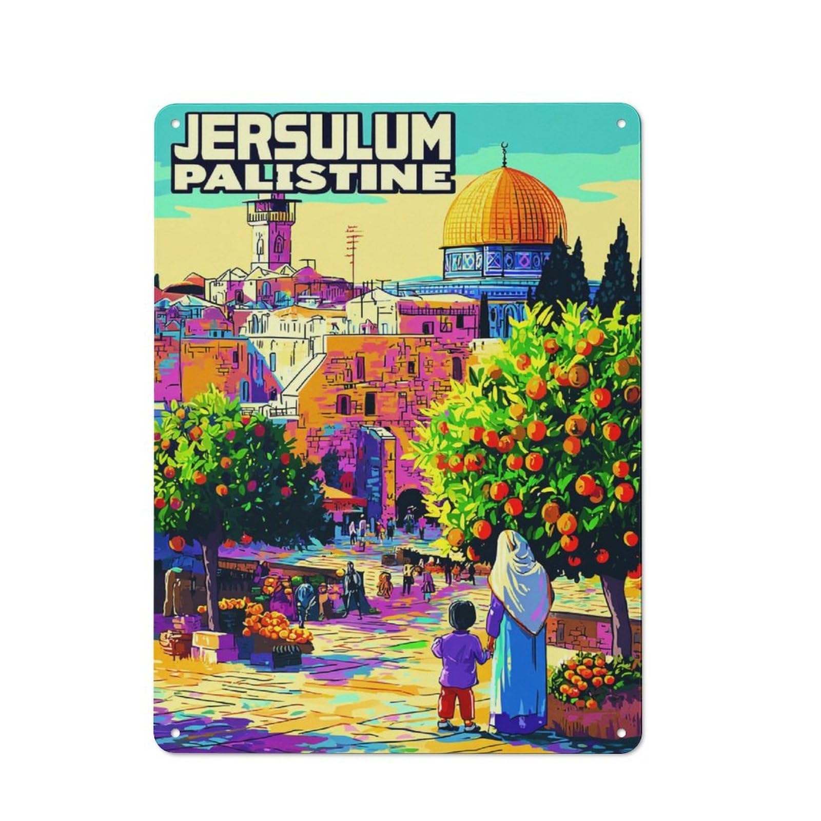 Junmoney Jerusalem A Vibrant Cityscape -3 Tin Wall Plaque 40X30cm With For Hallway Wall, With Clear Retro Wall Decor Character