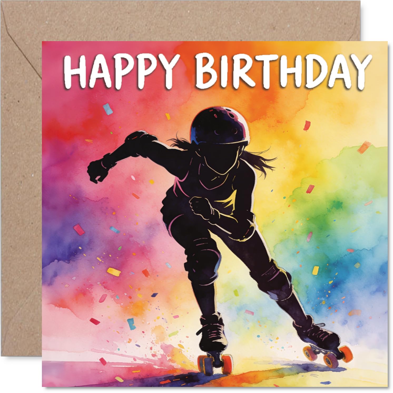 Playful Birthday Card - Bursting with Birthday Energy - Vibrant Skater Silhouette on a Colourful Backdrop - Perfect for Fun-loving Celebrations - 145mm Square, Envelope Included