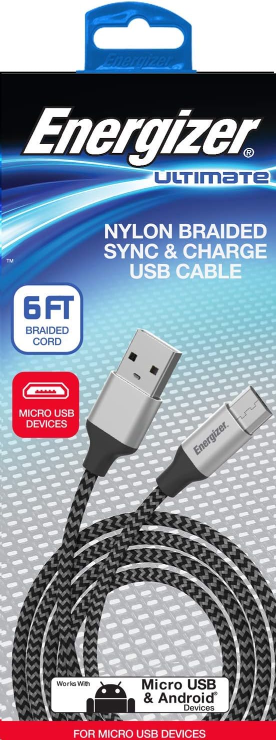 Energizer Ultimate Android Charger Micro USB Cable 6ft Fast Charging USB Syncing Cord Metal Tip Nylon Braided, Black 6 Feet