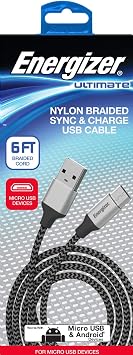 Energizer Ultimate Android Charger Micro USB Cable 6ft Fast Charging USB Syncing Cord Metal Tip Nylon Braided, Black 6 Feet