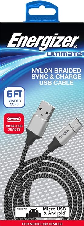 Energizer Ultimate Android Charger Micro USB Cable 6ft Fast Charging USB Syncing Cord Metal Tip Nylon Braided, Black 6 Feet