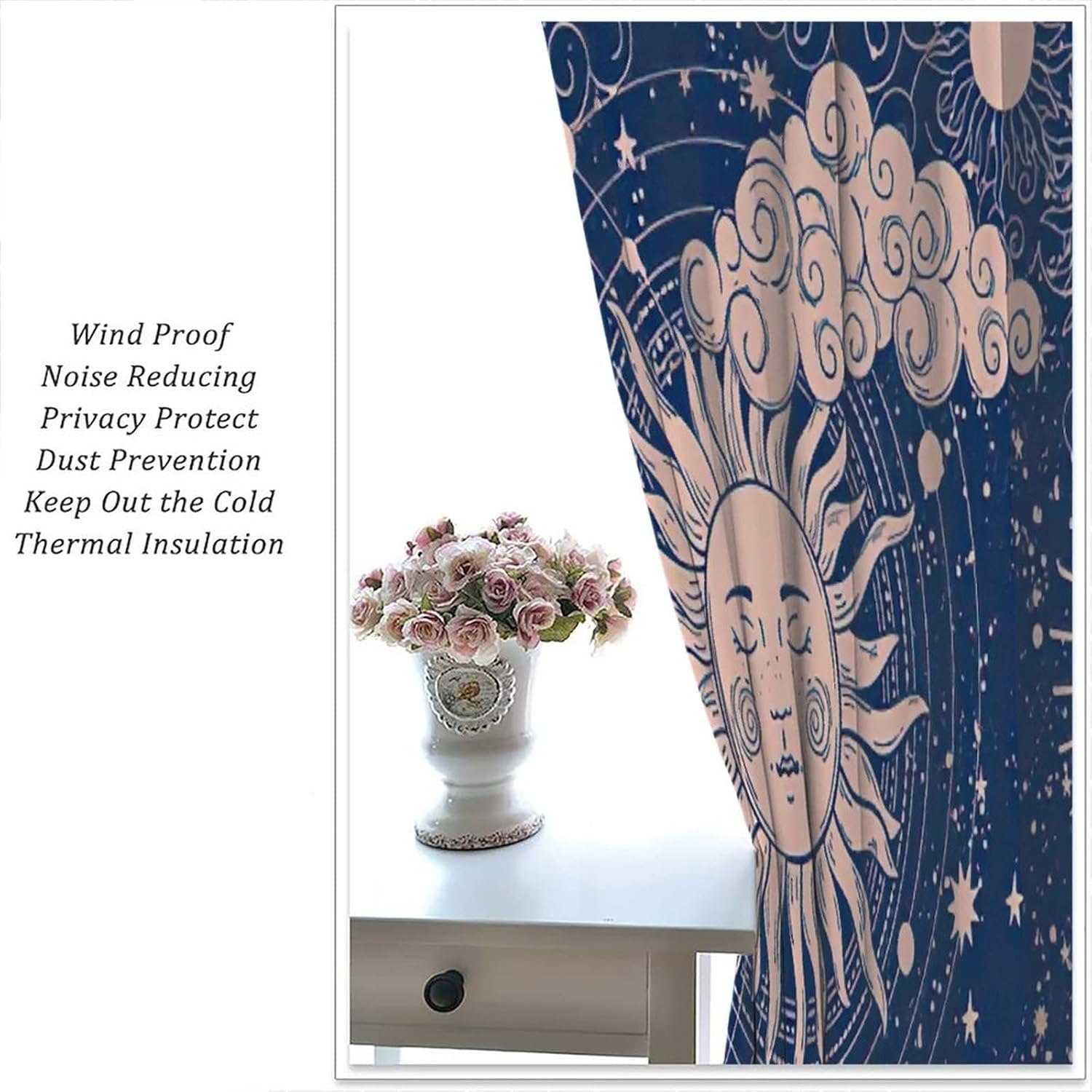 Sun Moon Curtain, Magic Astrology Divination Room Darkening Door Window Rod Pocket Curtain for Bedroom Kitchen Living Room 42x54in