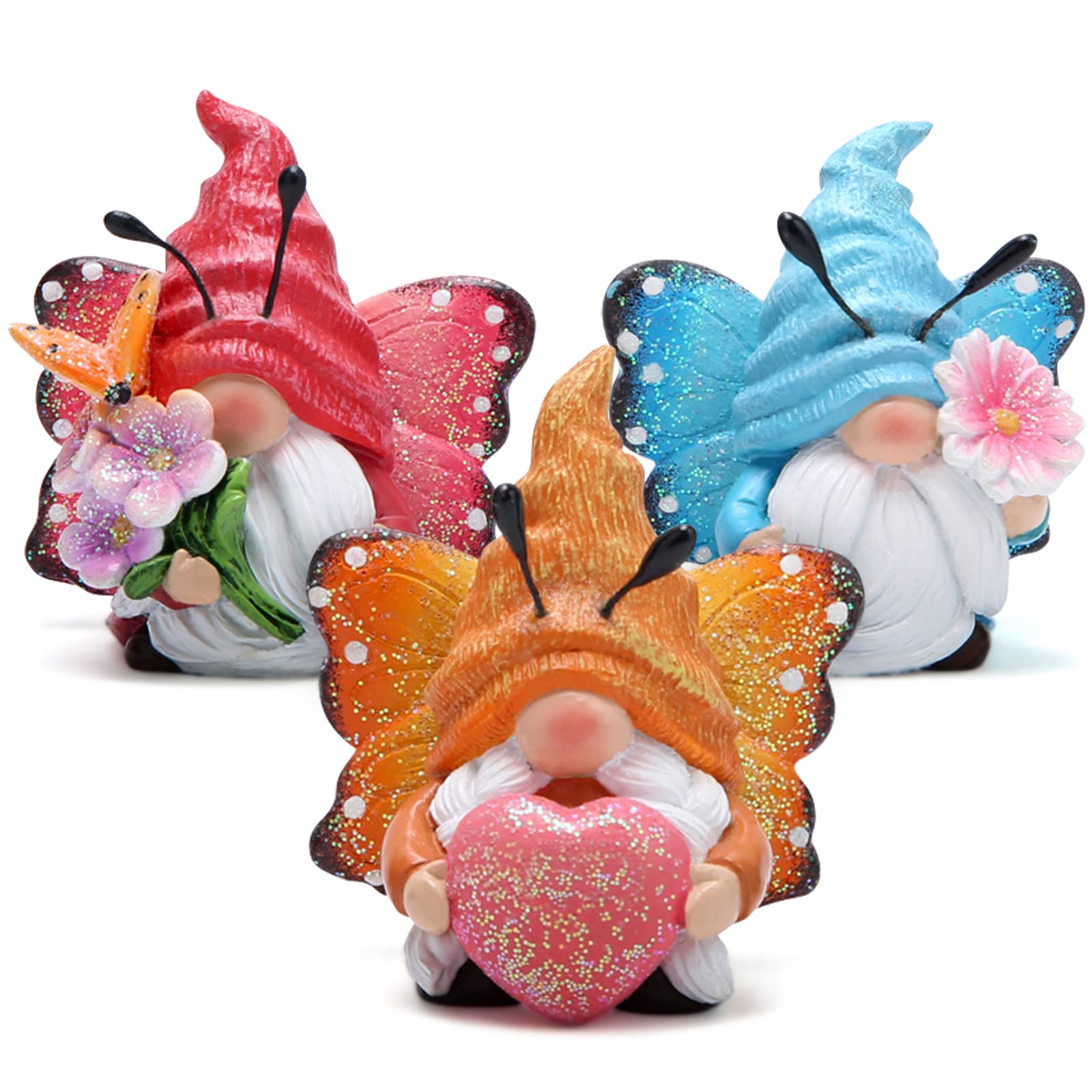 ZAWUU Butterfly Gonk Set of 3, Resin Garden Fairy Gnome Ornaments with Sparkling Wings and Flowers, Colourful Figurines for Conservatory, Patio and Indoor Tiered Tray Decor