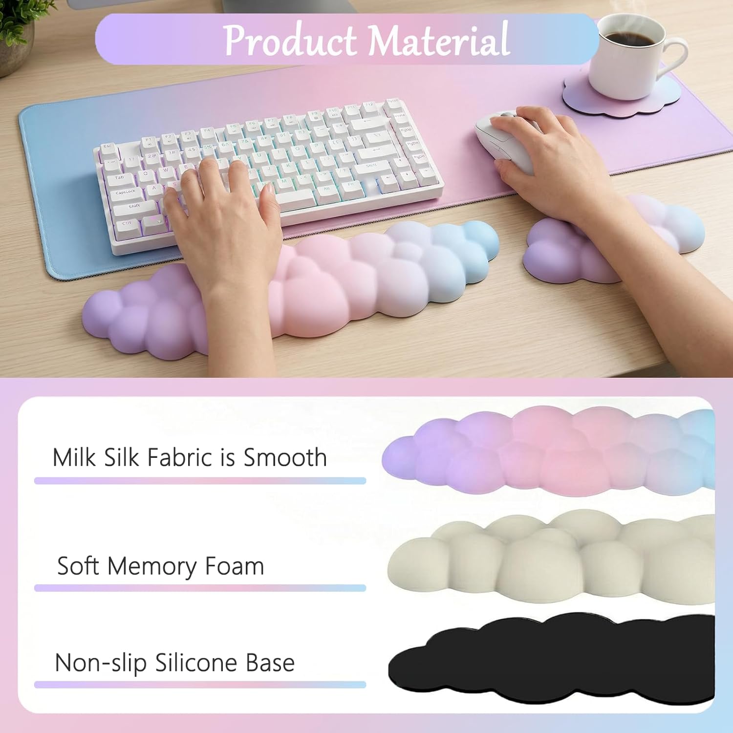 Cloud Mouse Pad Keyboard Wrist Rest 4PCS Extended Large Pink Sky Desk Mat Pad Set Memory Foam Non-Slip Cute Ergonomic Gaming Mouse Pad Wrist Support for Computer Laptop Home Office Pink Purple