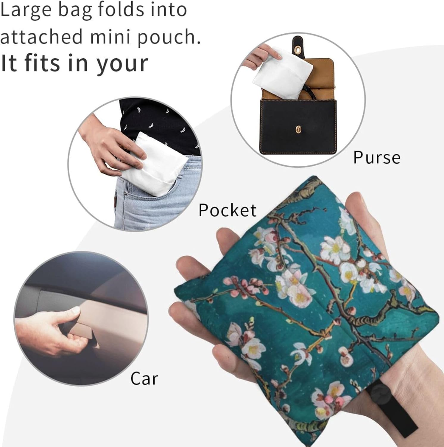 almond blossom Printed Reusable Shopping Bag Folding Grocery Bags Cloth Tote Bags Cute Washable Shopper Bags