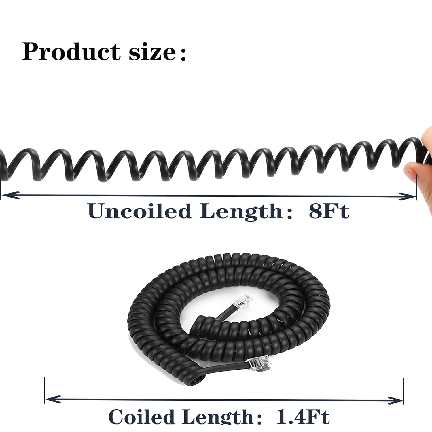 LanSenSu Phone Cord Landline8Ft Uncoiled / 1.4Ft Coiled Landline Phone Handset Cable RJ9 4P4C Telephone Accessory- Black (20pack)