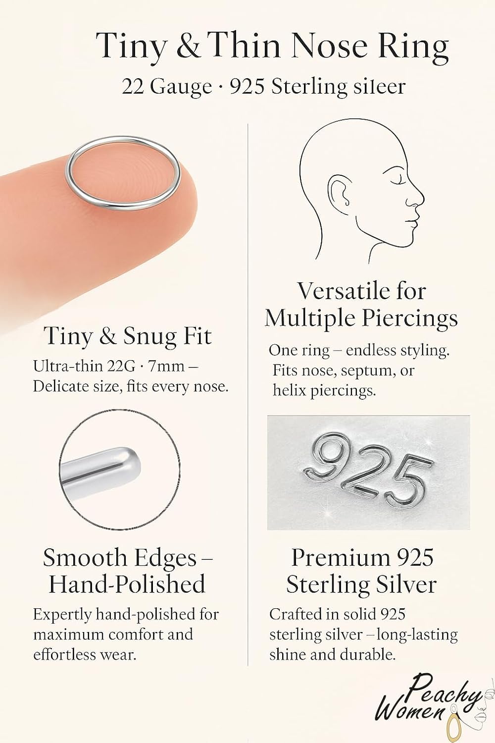 Silver Nose Ring - Thin Tiny 20 Gauge 7mm Nose Hoop Piercing Jewelry - 925 Sterling Silver Nose Rings For Women - Handmade Nose Hoops - Gift Ready - Image 3