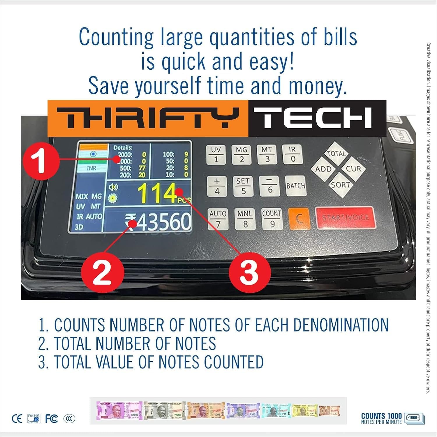 Thrifty Tech 4080 Mix Total Value Latest Updated Super Heavy Duty Note-Currency-Cash-Money-Counting Machine with Fake Note Detection for All Old/New Notes.! 1 Year Warranty (Mix 4080) 2