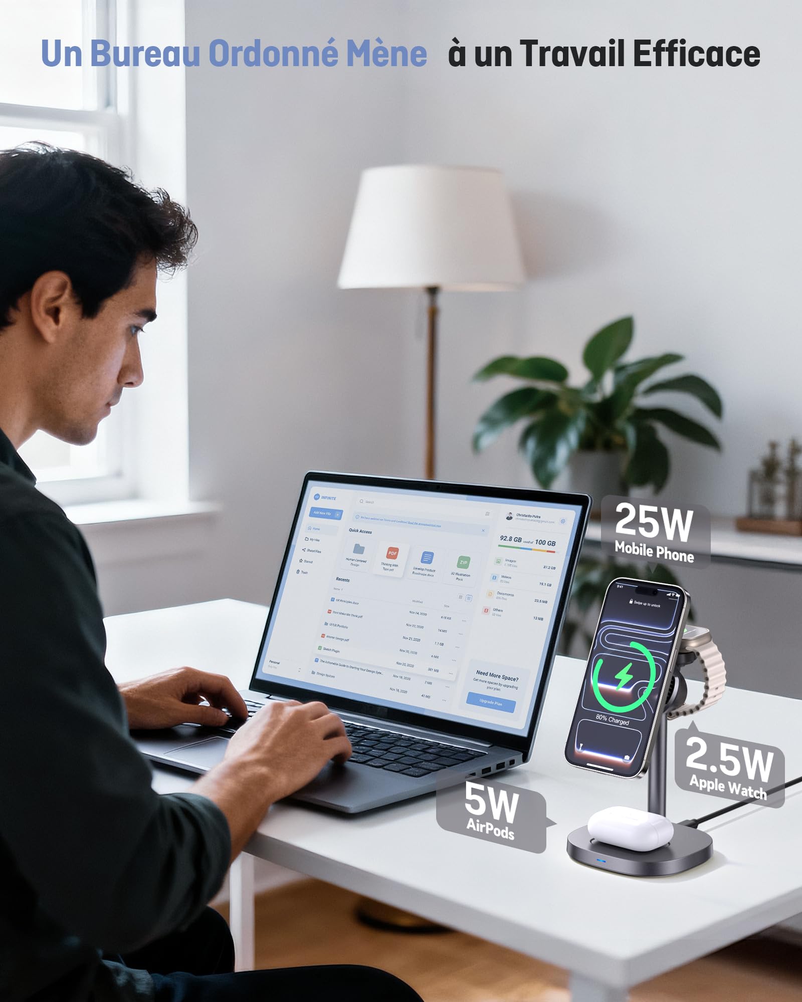 Station de Charge Magnétique Qi2.2 25W，Chargeur sans Fil 3 en 1 Pliable pour iPhone 17/16/15/14/13/12,Support de Recharge Qi2 Compatible pour Apple Watch AirPods, Adaptateur 45W Inclus