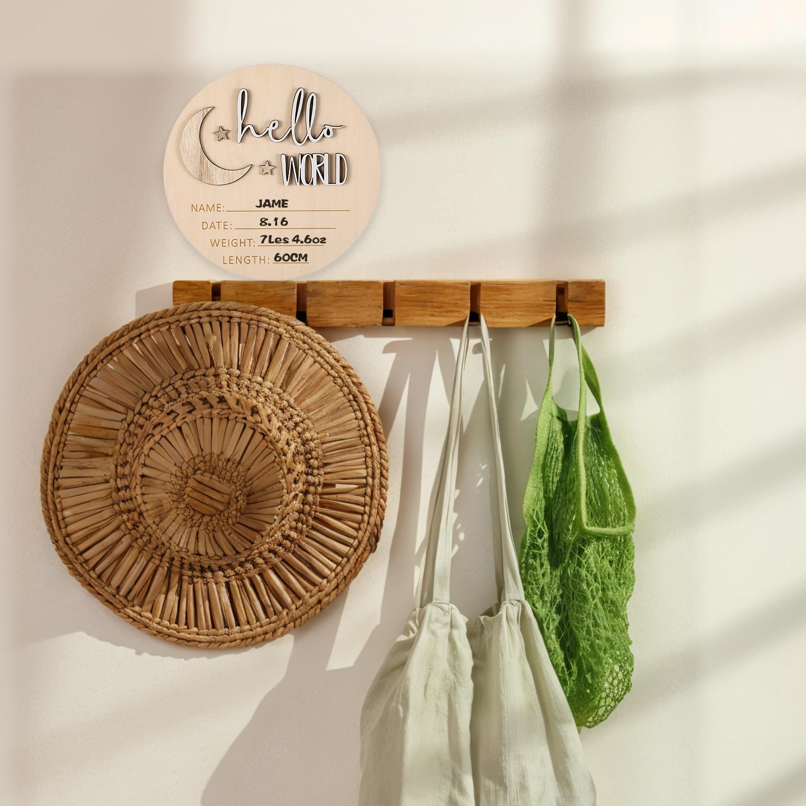 Giantree Panneau d'annonce de bébé, en bois, 15 x 14,7 cm, « Hello World », rustique, rond, étoiles, panneau de nom pour fête prénatale, décoration de chambre d'enfant, cadeau de nouveau-né
