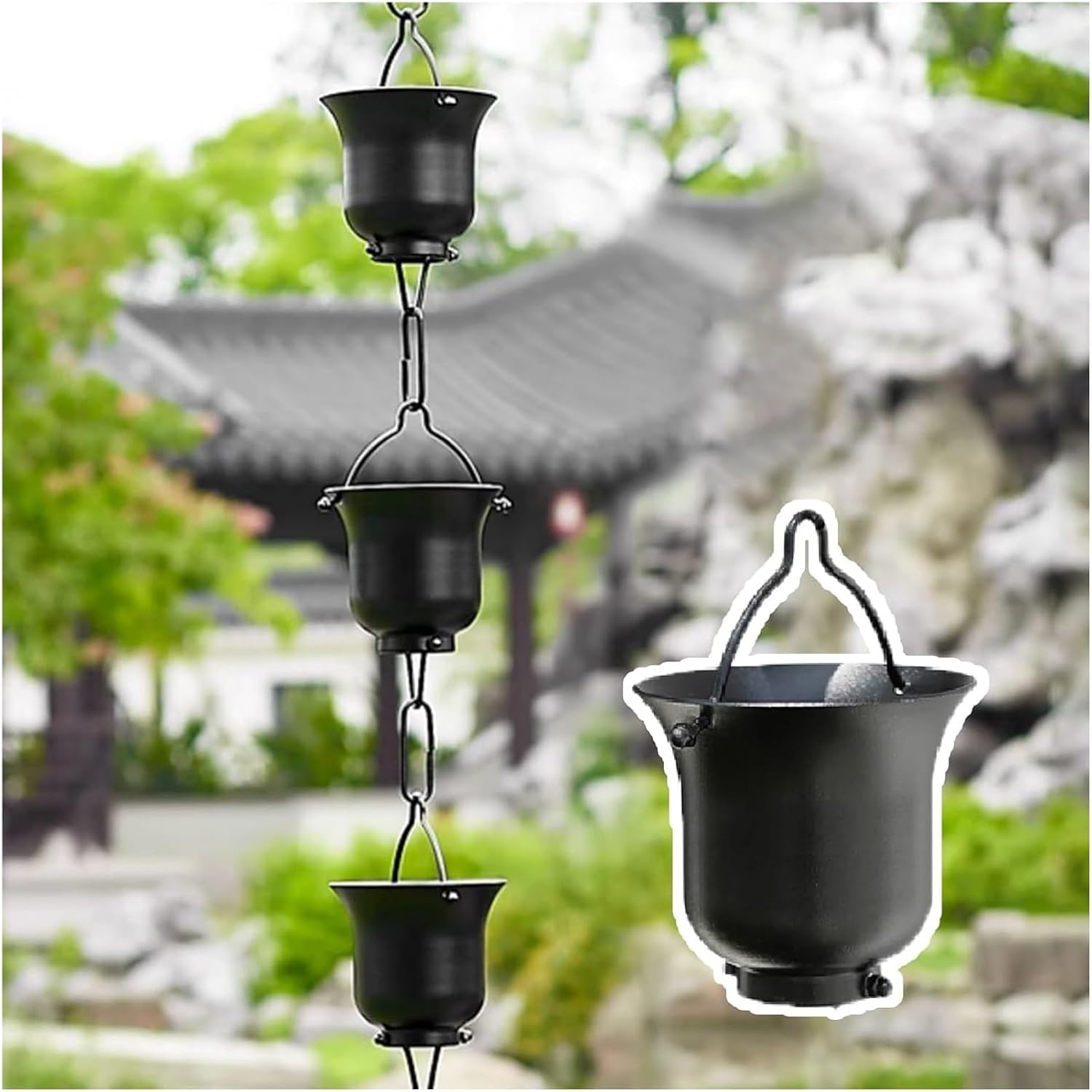 Metal Cone Shaped Rain Chains Iron Bells, Outdoor Cup Adjustable Garden Rain Drain Chains with 5 Cups, Unique Metal Downspout Chain for Outside Garden Front Door