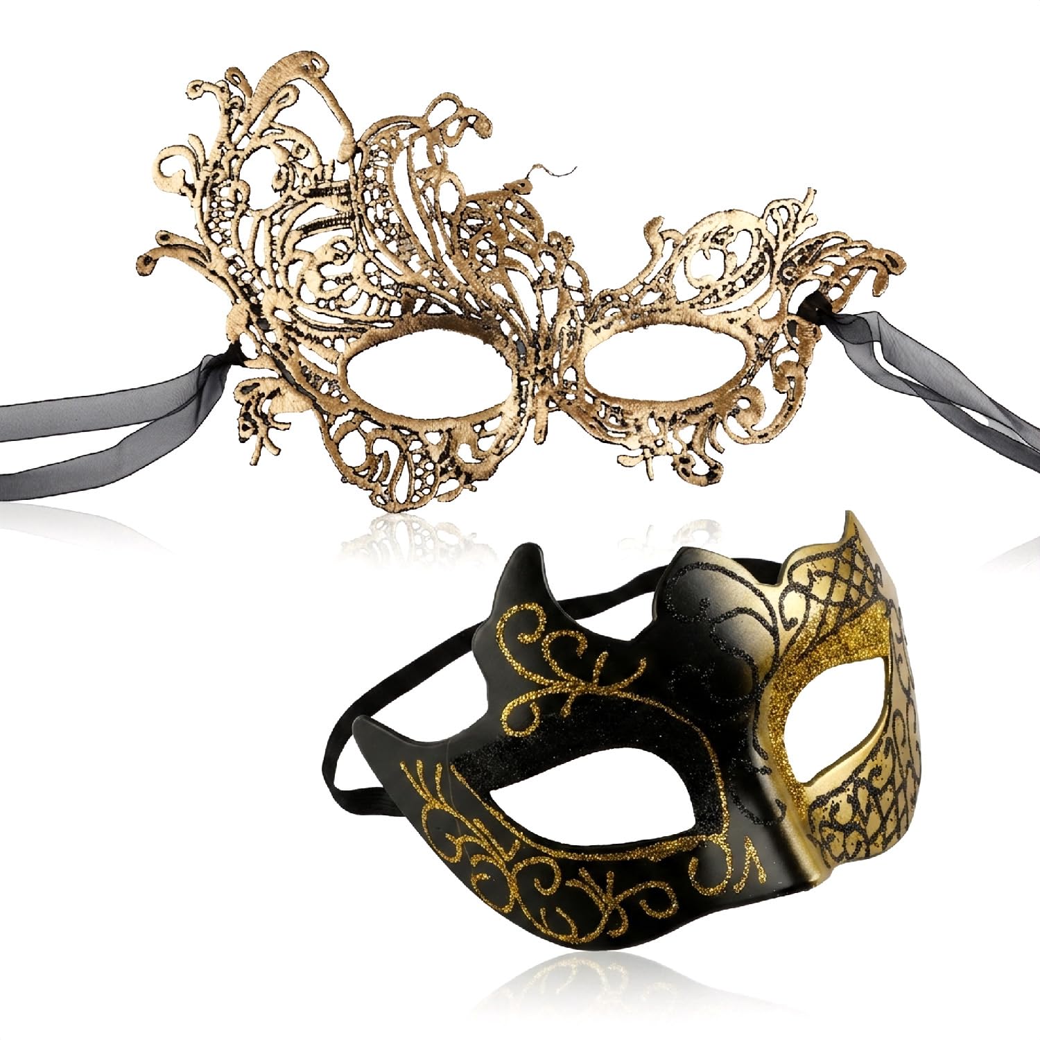 wellrun 2pcs Masquerade Mask Couple Set,Black Gold Venetian Masks for Men and Women,Half Face Party Masks,Lace Costume Mask for Mardi Gras Ball,Halloween,Carnival,Themed Event,Fashion Show