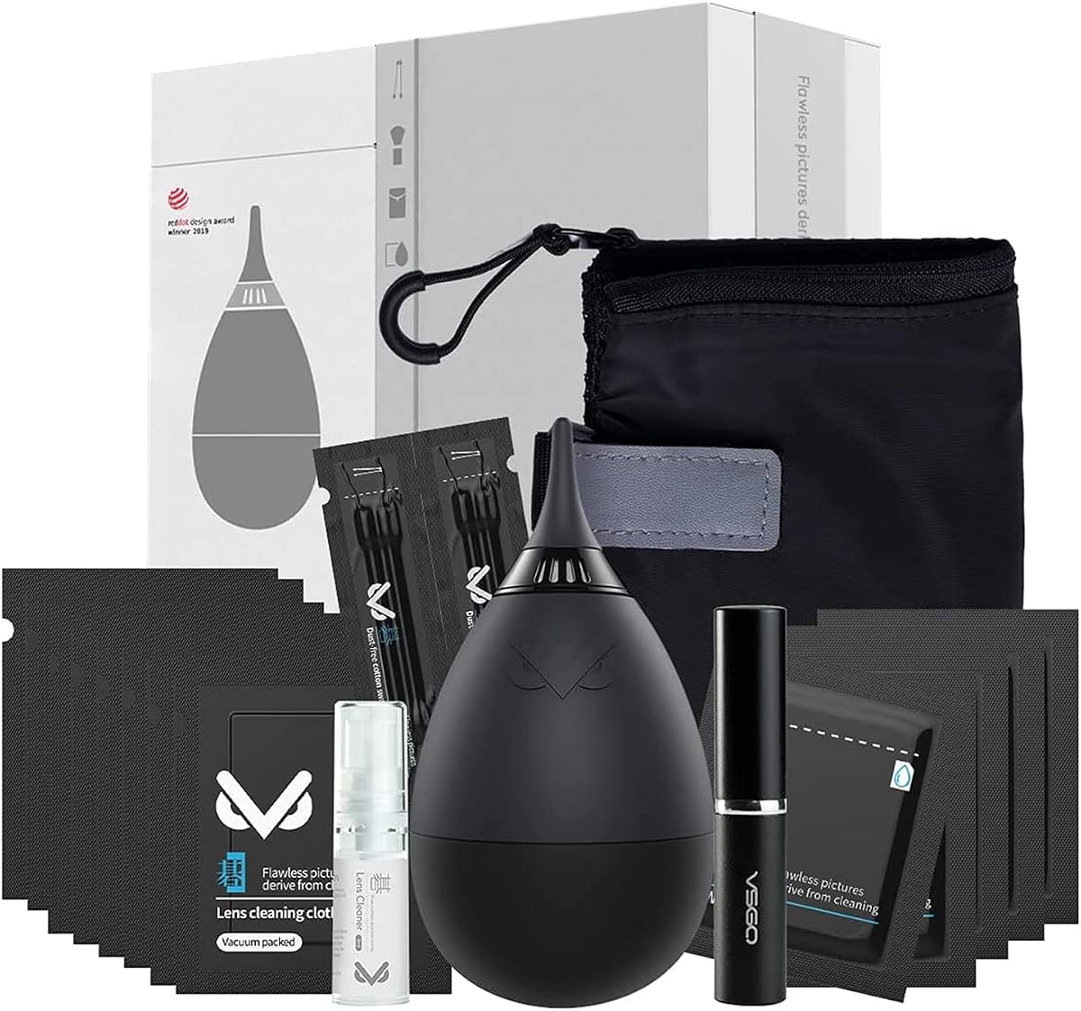 VSGO Professional Lens Cleaning Kit with Air Blower Folding Pouch Microfiber Lens Cloth Wet Wipes Lens Cleaner Metal Brush Cotton Swab Compatible for Optical Camera Lens Phone Laptop Cleaning(VS-A2E)