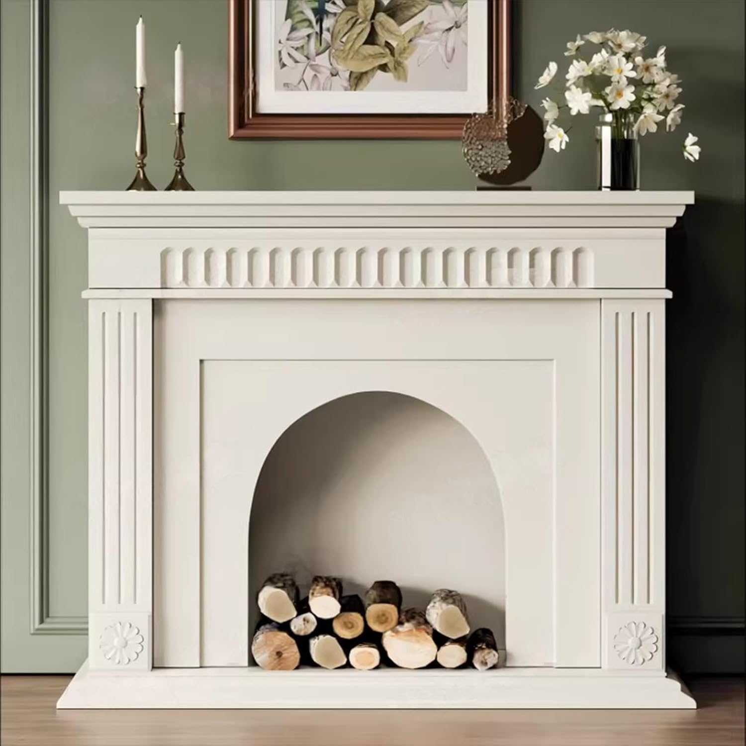 Fireplace Surround Arched Solid Wood Fireplace Mantel Decorative Surround with Dentil Molding(Black)