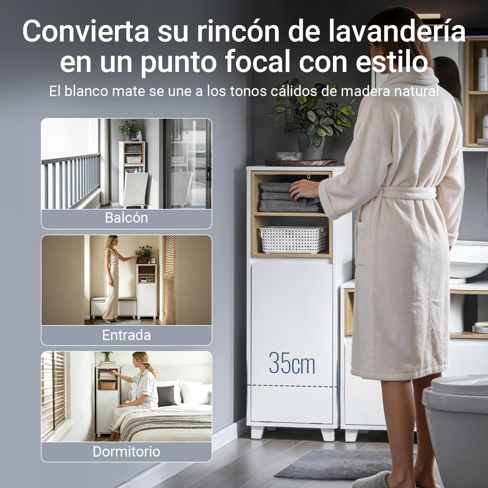 SoBuy Mueble Baño Estrecho con Cesto para Ropa Sucia 35x105x30 cm Blanco | Mueble Ropa Sucia Baño con Saco Abatible, Armario Baño con 2 Compartimentos y Cesto para lLavandería, BZR146-W