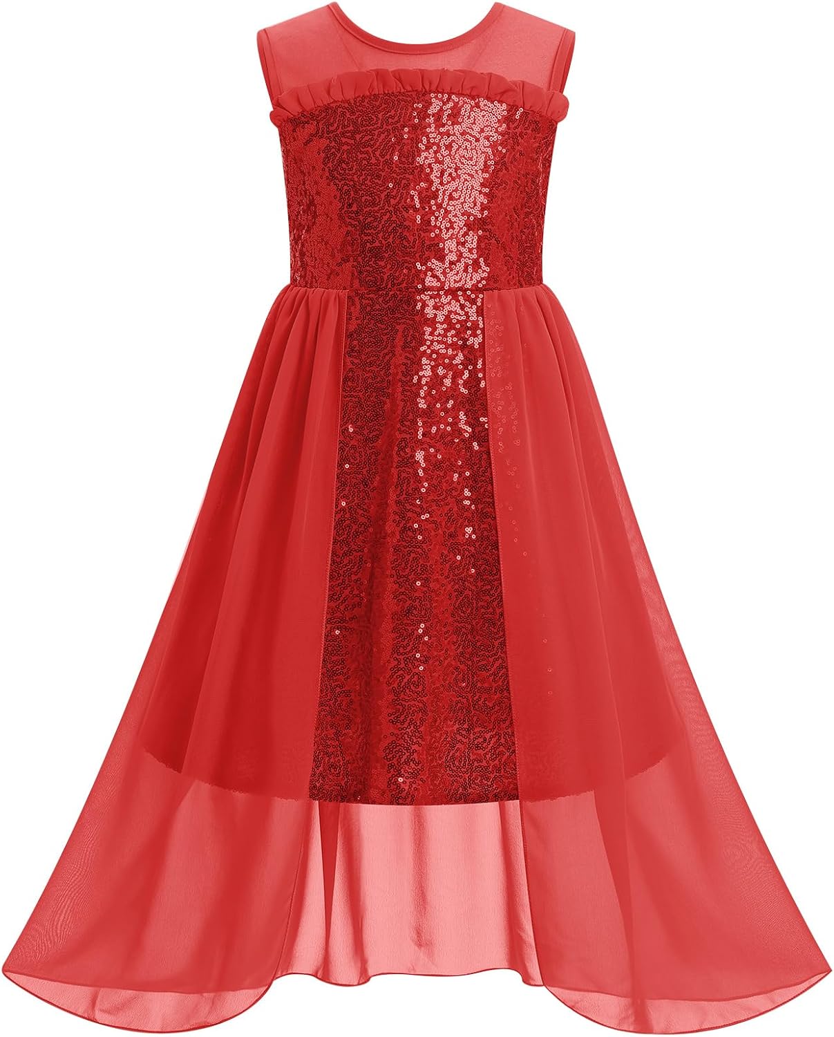 Girl Sparkly Sequins Tulle Dress Ruffle Tween Pageant Formal Prom High-Low Outfits Glitter Fancy Grad Easter Dresses
