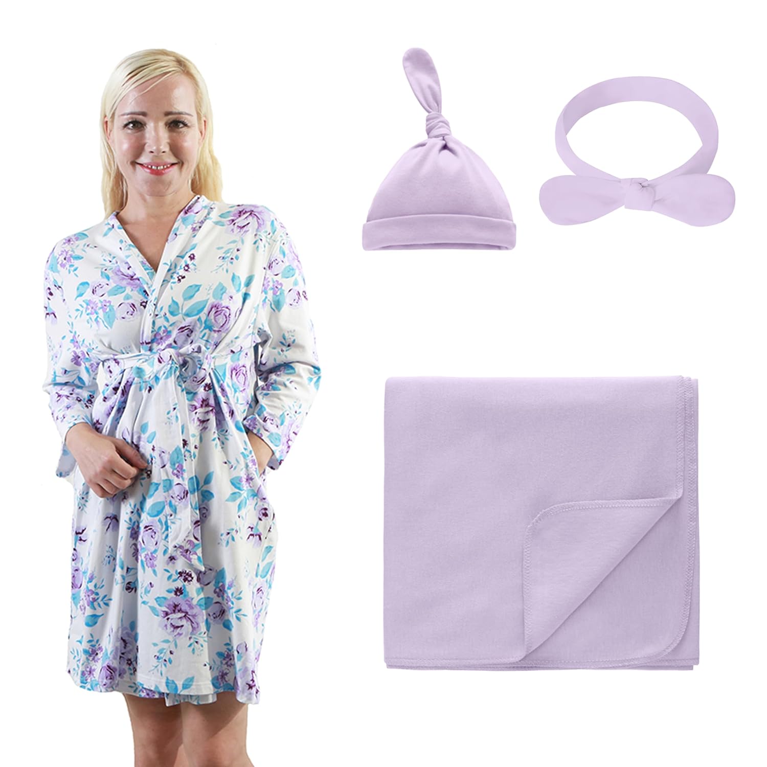 4 Pack Maternity Robe and Matching Baby Swaddle Blanket