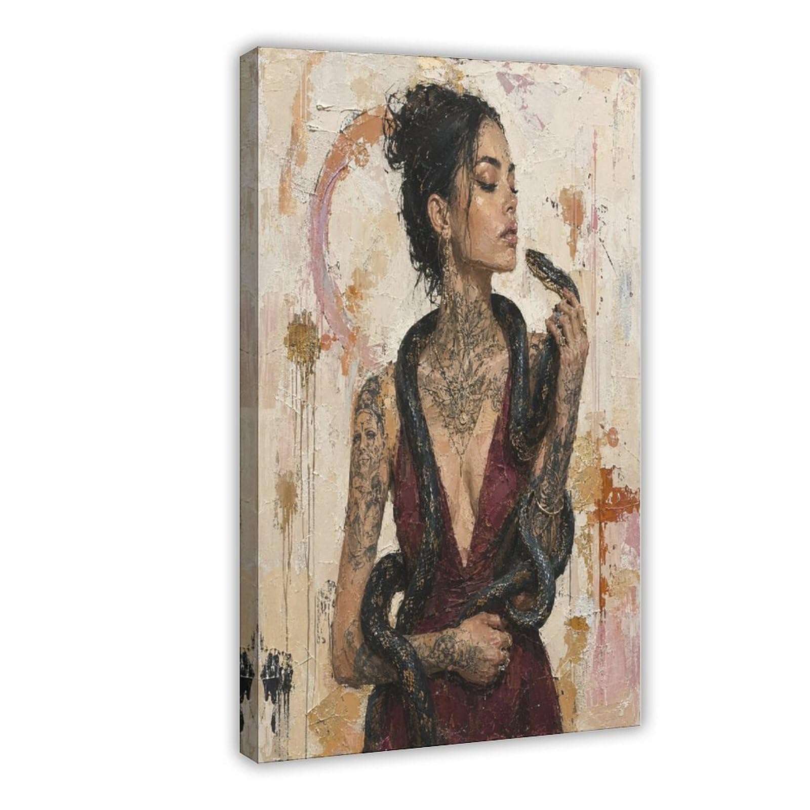 W7c8u2x3 Frame-Style-7 Tattooed Woman With Wine Canvas Wall Art, Gallery Wall