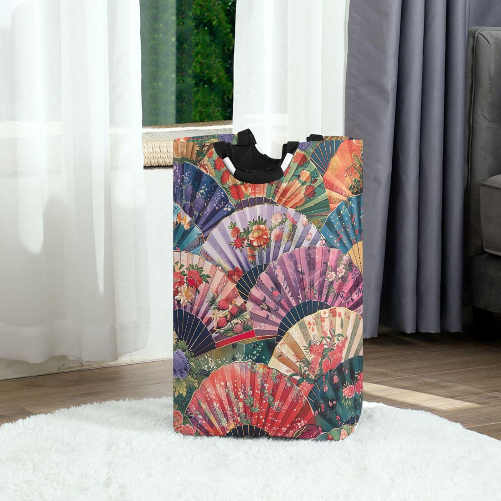 Jihqo Laundry Hamper Basket Japanese Floral Fans Collapsible Nursery Storage Bin Waterproof Clothing Baskets for Home Bedroom Bathroom Washing Room