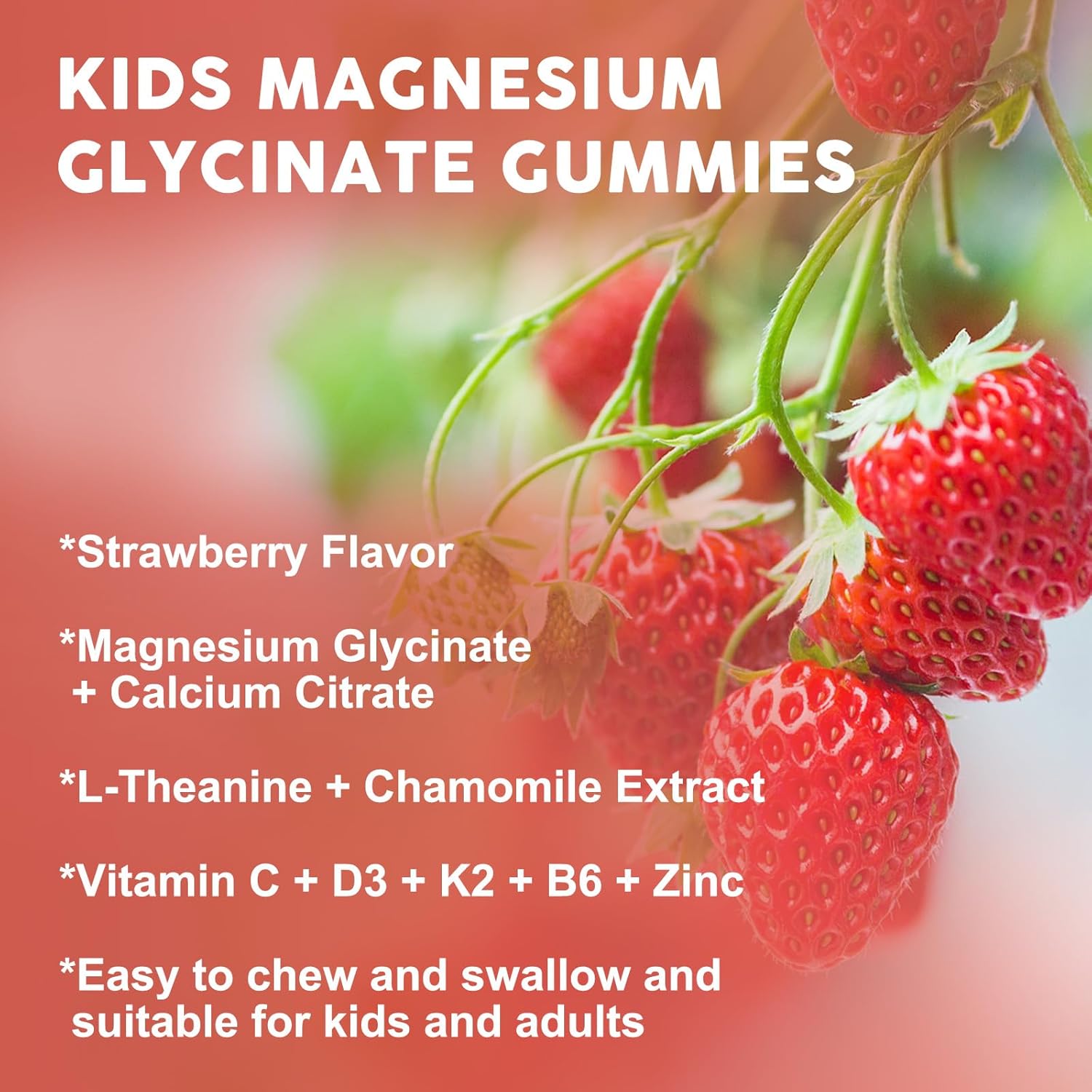Magnesium Glycinate Gummies for Kids & Adults - Relaxation & Cognition Support - 400/200mg Magnesium Supplement with L-Theanine, Chamomile, B6, D3 & K2 - Vegan, Sugar Free, Strawberry Flavor, 60 Ct - Image 7