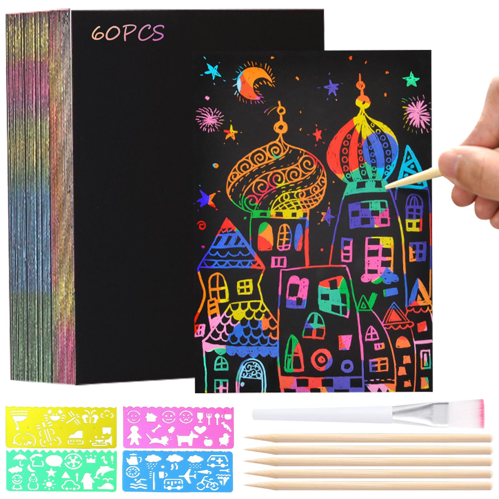 60 PCS Scratch Art for Kids, Rainbow Scratch Paper Black Doodle Pads, Magic Scratch Notes, Foil Fun Scratch Cards, Doodling Art & Sketching Paper for Kids DIY Educational Toys Gifts
