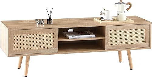 Mesa de centro bohemia, mesa de centro moderna de 55 pulgadas, mesa de centro rectangular de madera con puerta corredera para almacenamiento, mesas