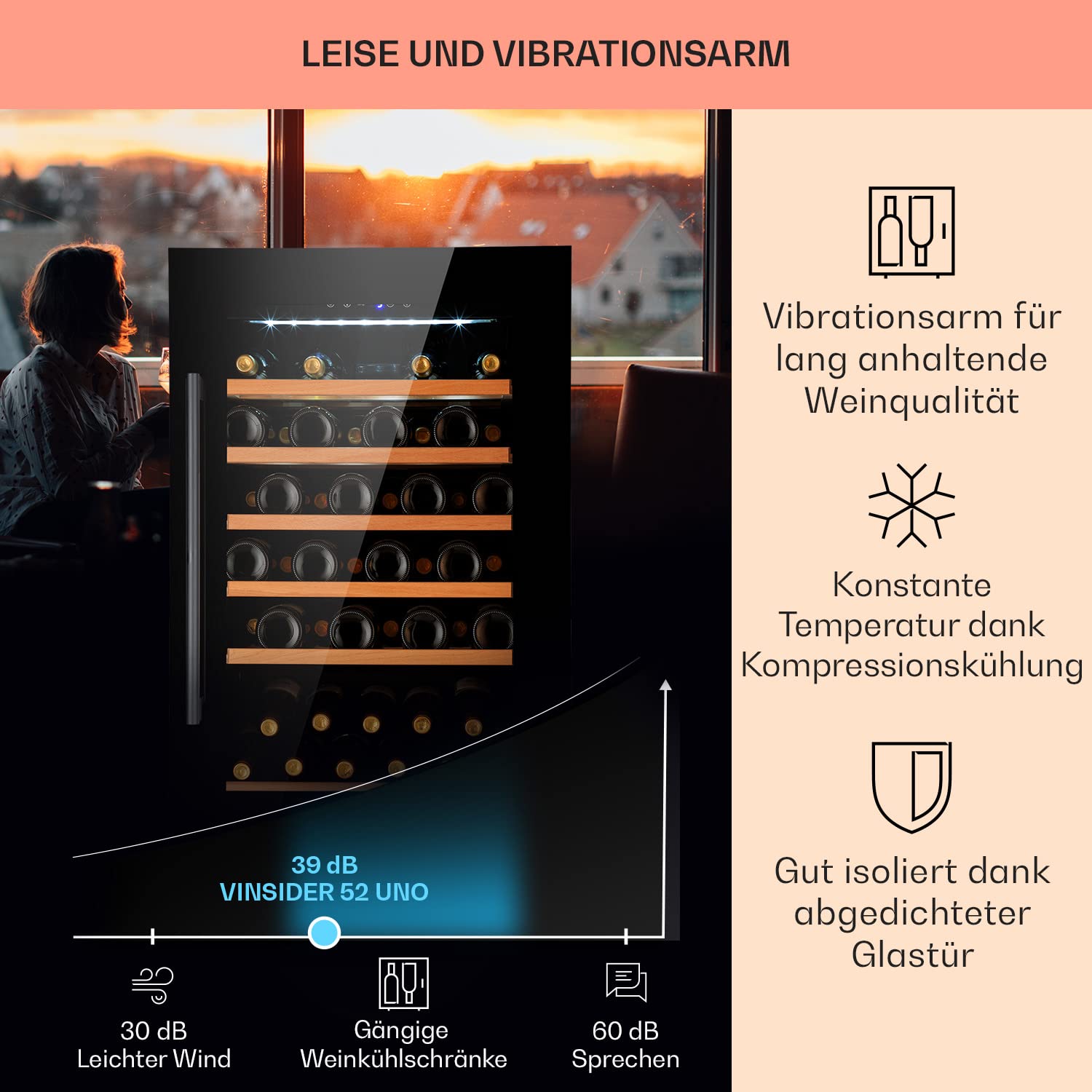 Klarstein Einbau-Weinkühlschrank, 137 L Getränkekühlschrank Schmal, 1 Zone Weinkühlschrank mit Glastür, Indoor/Outdoor Beersafe, Großer Kühlschrank, 5-22°C, 52 Flaschen