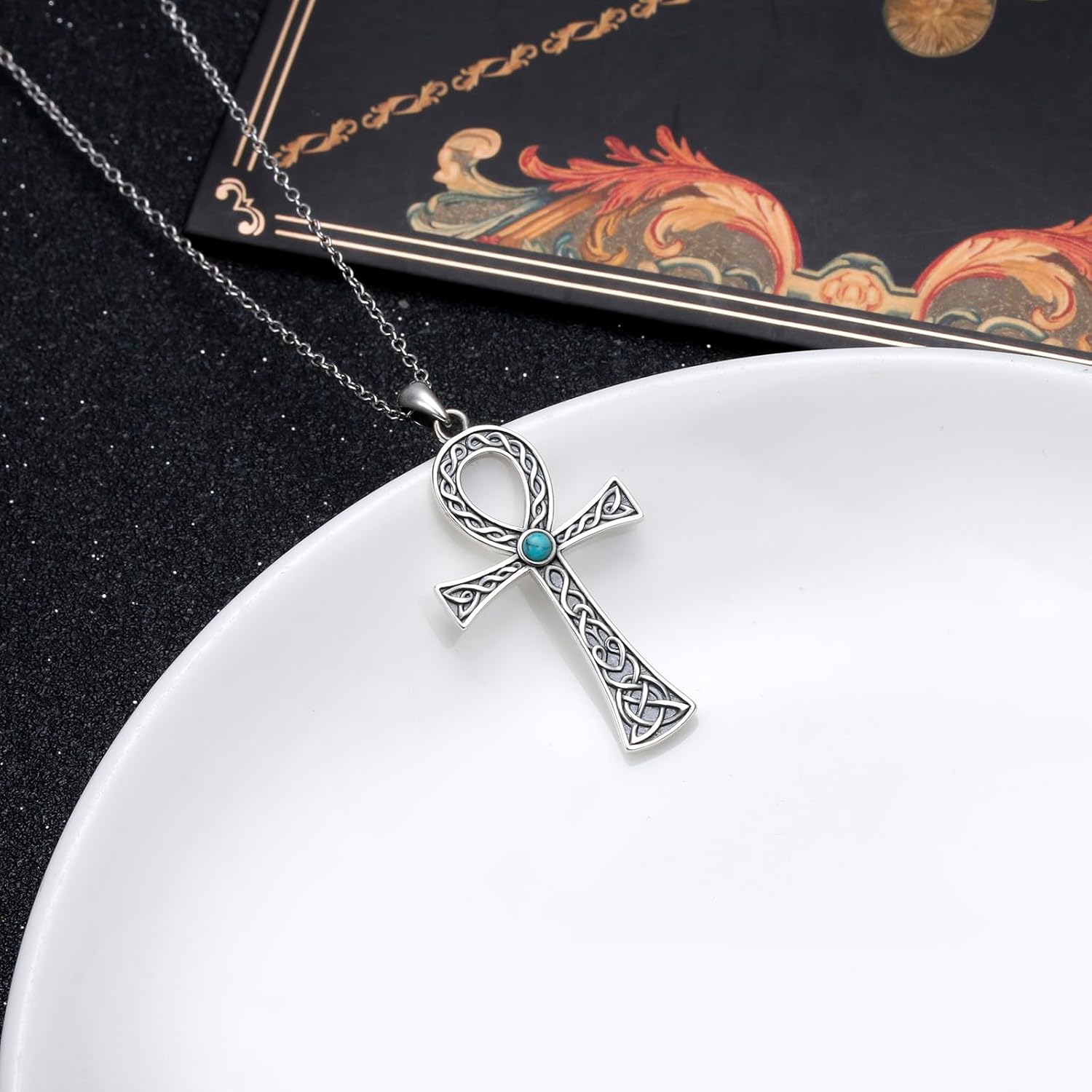 Cross Turquoise Necklace 925 Sterling Silver Thorns Cross Pendant Necklace Engraved All Things are Possible Religious Christian Jewelry Gifts for Women Men - Image 2