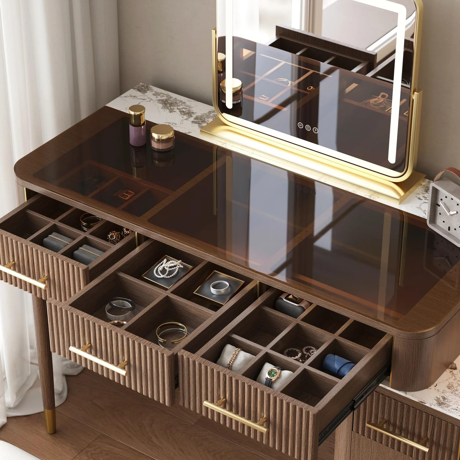 NG Decor Walnut Glass Sintered Stone Top Makeup Vanity Set with Mirror Number of Drawers 5-image-42