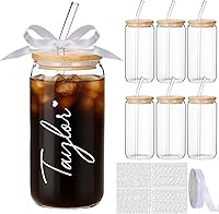 Skylety Personalized 16oz Glass Tumblers with Bamboo Lids, Glass Straws & Custom Stickers - 6 Pack DIY Gift Cups for Birthdays, Weddings, Bridal Showers